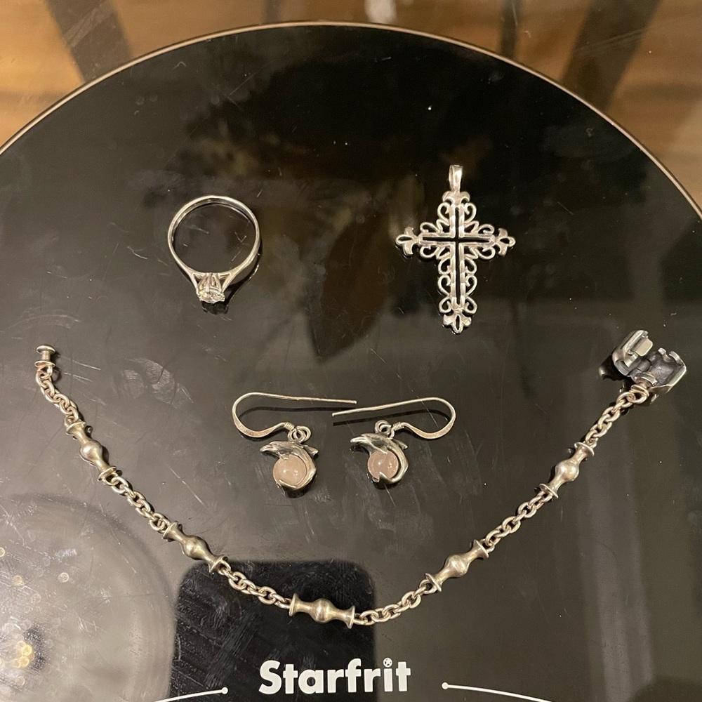 Sterling silver lot- ring,pendant, crystal dolphin earrings, Pandora bracelet